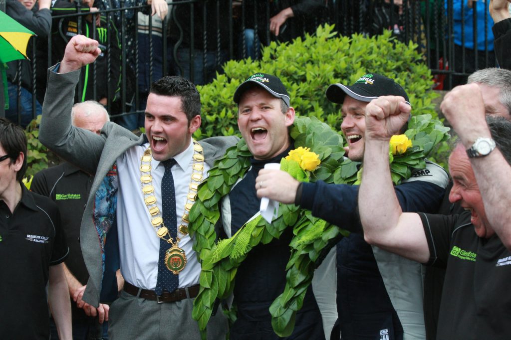 Manus Kelly and Donal Barret celebrate with Letterkenny Town Mayor and fellow Glen man Cllr James Pat Mc Daid. Photo Brian McDaid
