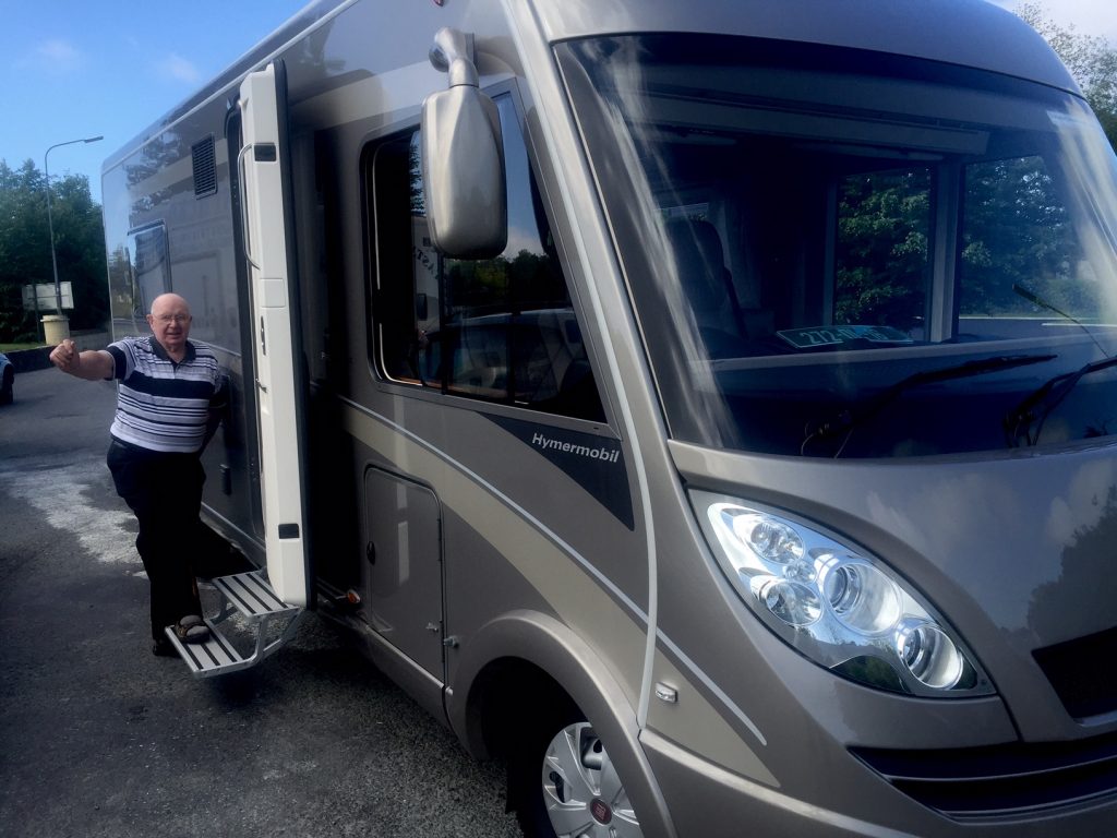 All aboard. What a honour to meet up with one of the guards that worked on the trains and railcars on County Donegal Railway. George McLaughlin  pictured as he steps up on the runner board of the motorhome that we were testing this week. Photo Brian McDaid