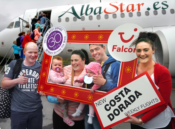 Pictured at the launch of the inaugural Falcon and Thomsons new weekly sun service to Costa Dorada from Ireland West Airport Knock were from left to right, Jonathon Lapsley, Nicole OíDonnell with baby Grace O' Donnell, Rory Herron and baby Freya and Natalie Kelly from Donegal