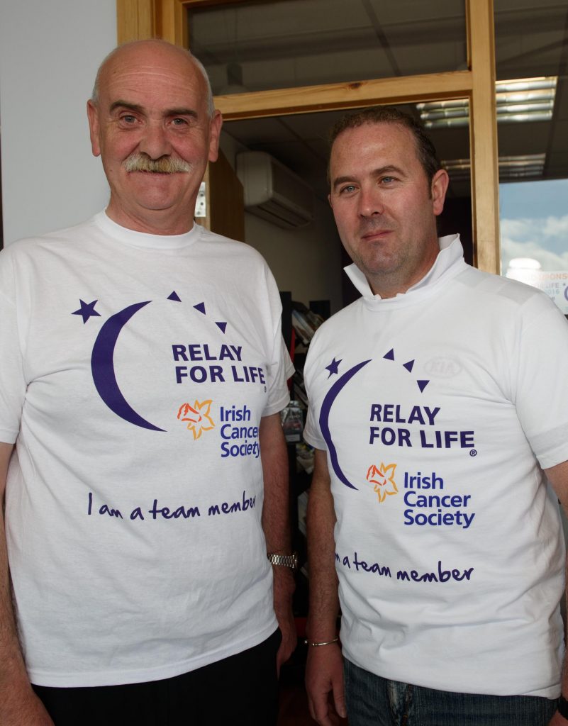 Padraig Kelly and James Gallagher at the Inisowen Motors Relay for Life Coffee morning at there garage in Drumkeen, Letterkenny. Photo Clive Wasson
