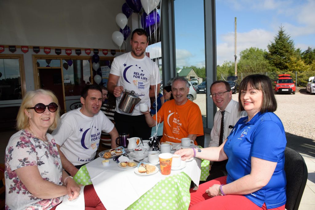 On tea duty - Michael Murphy with Hazel O'Conor, Seamus Mclaughlin, Inishowen Motors, Robert O'Conor, Seamus Devine and Siubhan Gillespie at the Inisowen Motors Relay for Life Coffee morning at there garage in Drumkeen, Letterkenny. Photo Clive Wasson