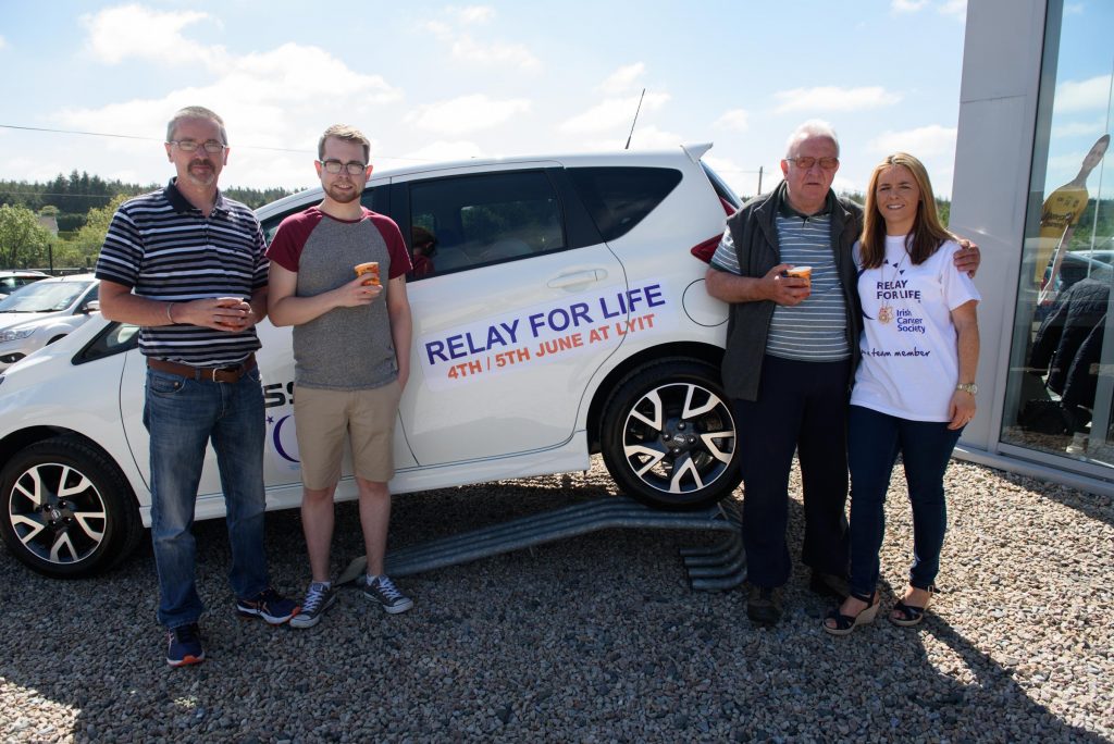 Trevor Smyth, Richard Smyth, Domnic O'Donnell and Anthea Hegarty at the Inisowen Motors Relay for Life Coffee morning at there garage in Drumkeen, Letterkenny. Photo Clive Wasson