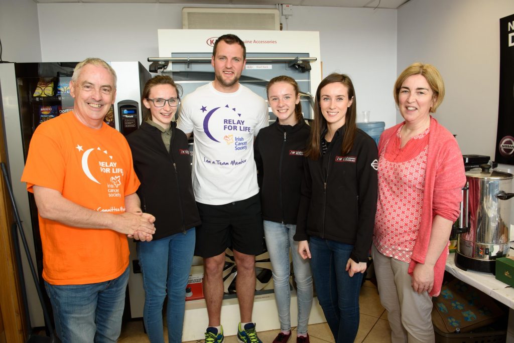 At the Inisowen Motors Relay for Life Coffee morning at there garage in Drumkeen, Letterkenny are from left Robert O'Conor,  Dearbháil McLaughli, Ailbhe McLauglin, Clara McLaughlin   and Gertrude Houton. Photo Clive Wasson