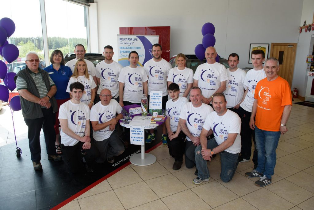 Staff from Inishowen Mortors ready to take part in Relay for Life at the Inisowen Motors Relay for Life Coffee morning at there garage in Drumkeen, Letterkenny. Photo Clive Wasson
