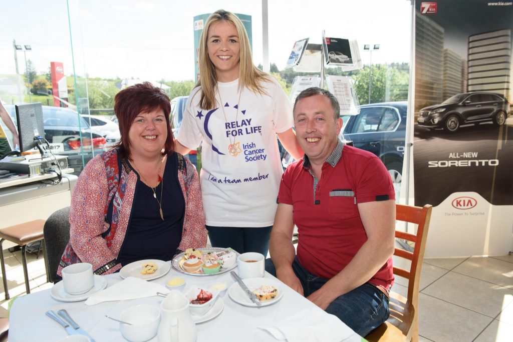 Anne McCullagh, Anthea Hegarty and Stephen McCullagh at the Inisowen Motors Relay for Life Coffee morning at there garage in Drumkeen, Letterkenny. Photo Clive Wasson