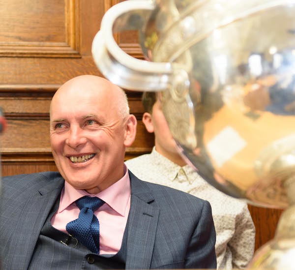 Sam Maguire with Anthony Molloy at the Civic Reception to Award Freedom of the County to Anthony Molloy in the Donegal County Council Office's in Lifford. Photo Clive Wasson