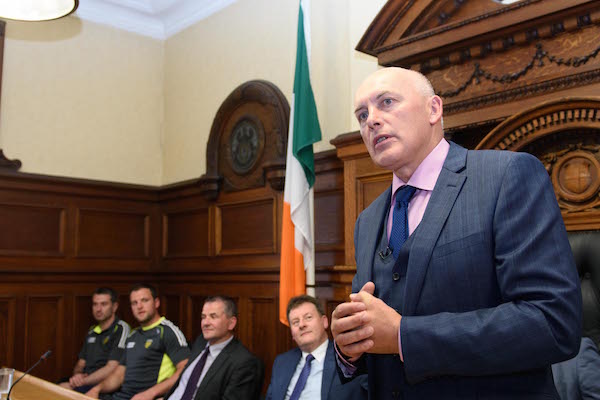 Anthony Molloy speaking at the Civic Reception to Award Freedom of the County to Anthony Molloy in the Donegal County Council Office's in Lifford. Photo Clive Wasson