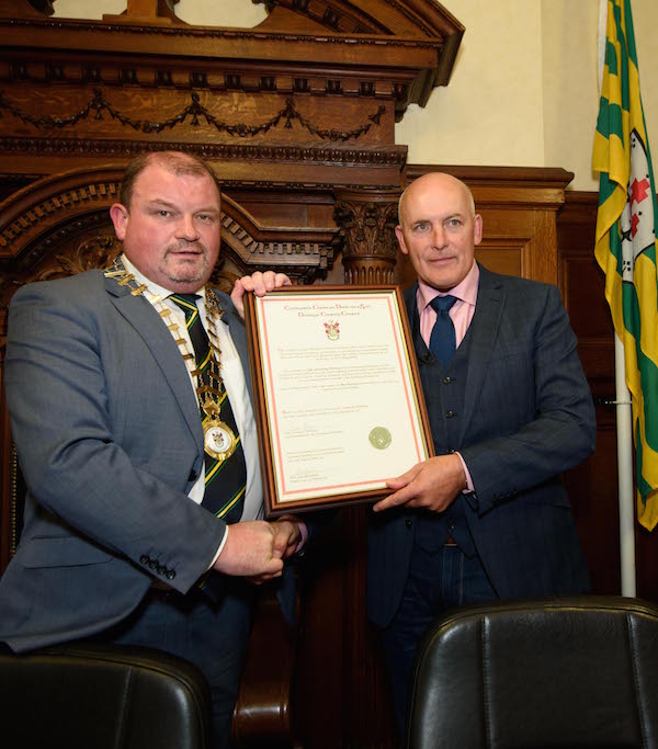County Chairman Ciaran Brogan Presnting the Freedom of Donegal To Anthony Molloy at the Civic Reception to Award Freedom of the County to Anthony Molloy in the Donegal County Council Office's in Lifford. Photo Clive Wasson