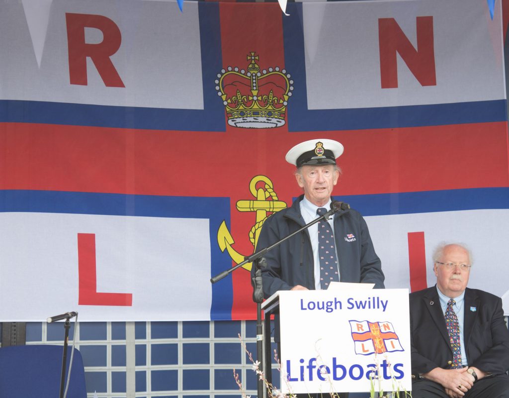 Jimmy Tyrrell, Honorary Life Govenor speaking at the naming ceremony and service of dedication of the Shannon Class lifeboat 13-08 Derek Bullivant at Lough Swilly Lifeboat Station on Saturday the 25th of June.  Photo - Clive Wasson