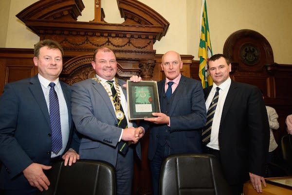 Seamus Neely, County Chief Executive, Cllr. Ciaran Brogan, Donegal Council Chairman, Anthony Molloy and Seán Dunnion, County Board Chairman at the Civic Reception to Award Freedom of the County to Anthony Molloy in the Donegal County Council Office's in Lifford.     Photo Clive Wasson