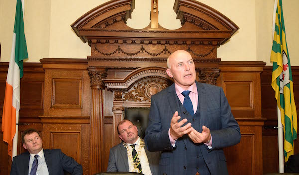 Seamus Neely , County Chief Executive, Ciaran Brogan , County Chairma and Anthony Molloy at the Civic Reception to Award Freedom of the County to Anthony Molloy in the Donegal County Council Office's in Lifford.     Photo Clive Wasson