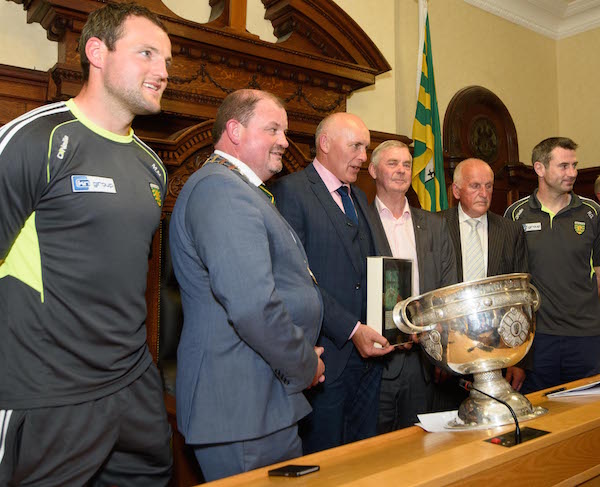 Michael Murphy, Ciaran Brogan, Donegal county Council Chairman, Anthony Molloy, Sean McEniff, Cllr. Tom Connaghan and Rory Gallagher at the Civic Reception to Award Freedom of the County to Anthony Molloy in the Donegal County Council Office's in Lifford. Photo Clive Wasson
