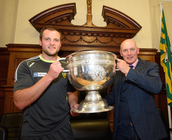 Michael Murphy and Anthony Molloy at the Civic Reception to Award Freedom of the County to Anthony Molloy in the Donegal County Council Office's in Lifford. Photo Clive Wasson