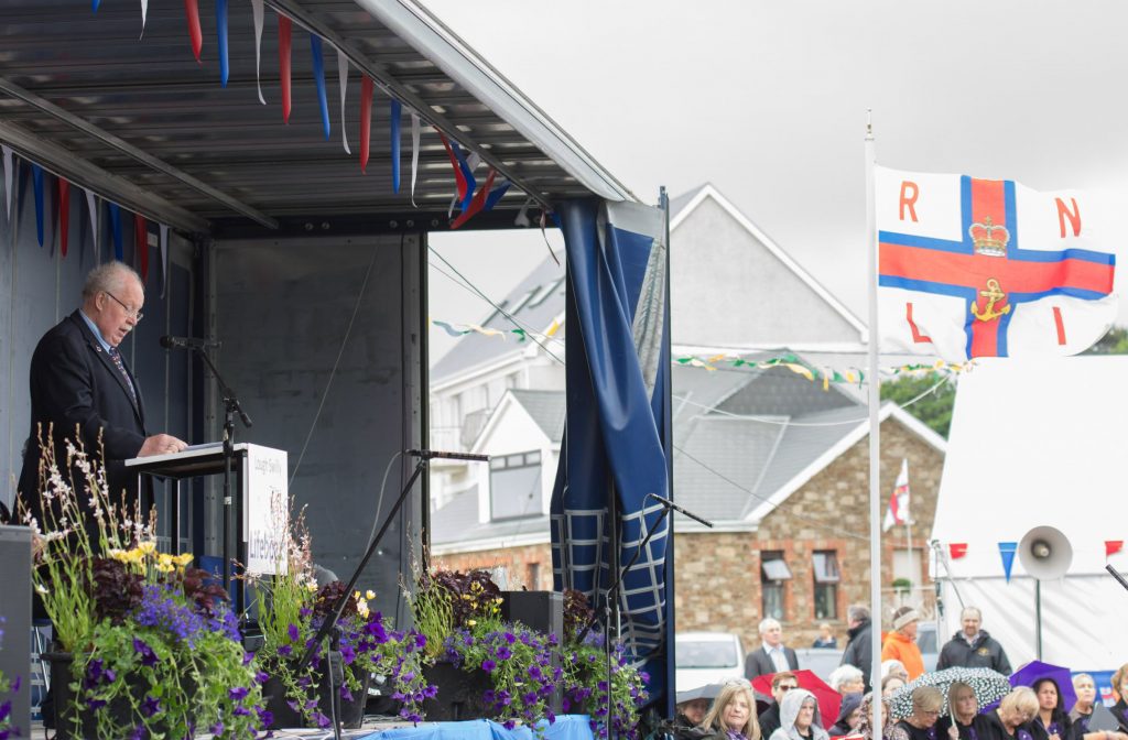 John McCarter Lifeboat Operations Manager speaking at the naming ceremony and service of dedication of the first Shannon Class lifeboat 13-08 Derek Bullivant at Lough Swilly Lifeboat Station on Saturday the 25th of June.  Photo - Clive Wasson