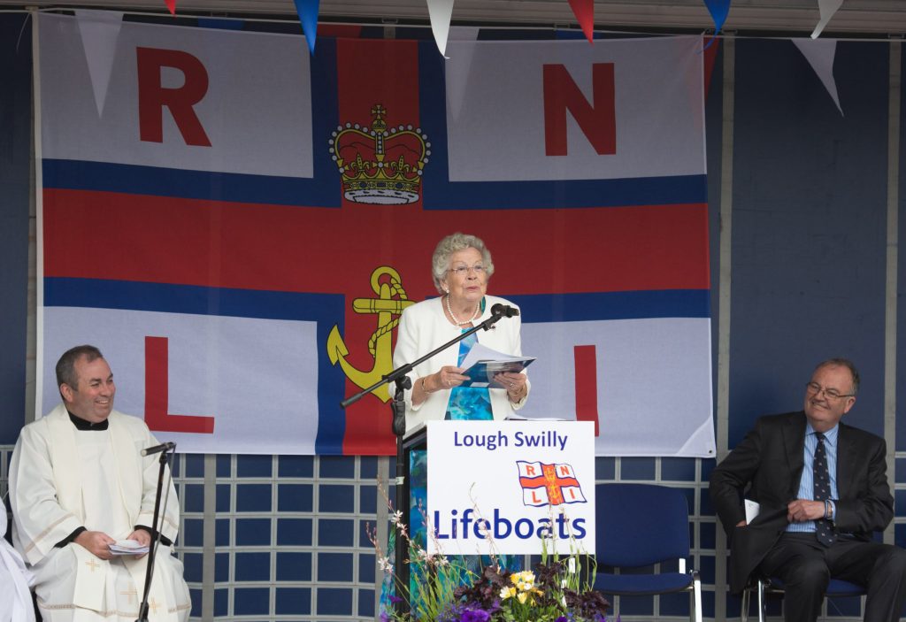 Joan Browne speaking at the naming ceremony and service of dedication of the Shannon Class lifeboat 13-08 Derek Bullivant at Lough Swilly Lifeboat Station on Saturday the 25th of June.  Photo - Clive Wasson