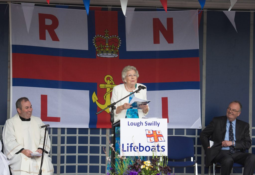 Joan Browne speaking at the naming ceremony and service of dedication of the Shannon Class lifeboat 13-08 Derek Bullivant at Lough Swilly Lifeboat Station on Saturday the 25th of June. Photo - Clive Wasson