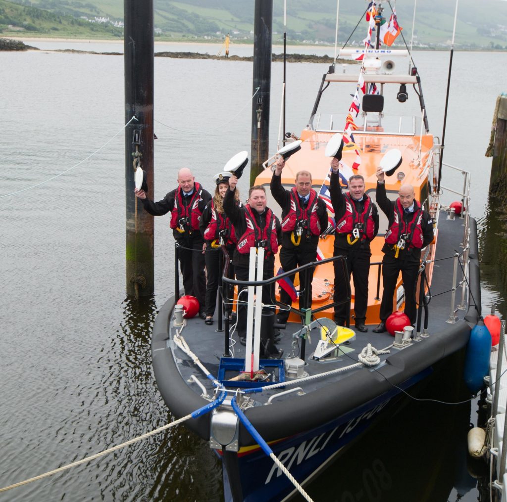 George O'Haygen, Amy McCarter, Mark Barnett, Coxswain, Barry Stevenson, Eamon Manon and Gregrory McDaid, crew at the naming ceremony and service of dedication of the First Shannon Class lifeboat 13-08 Derek Bullivant at Lough Swilly Lifeboat Station on Saturday the 25th of June.  Photo - Clive Wasson