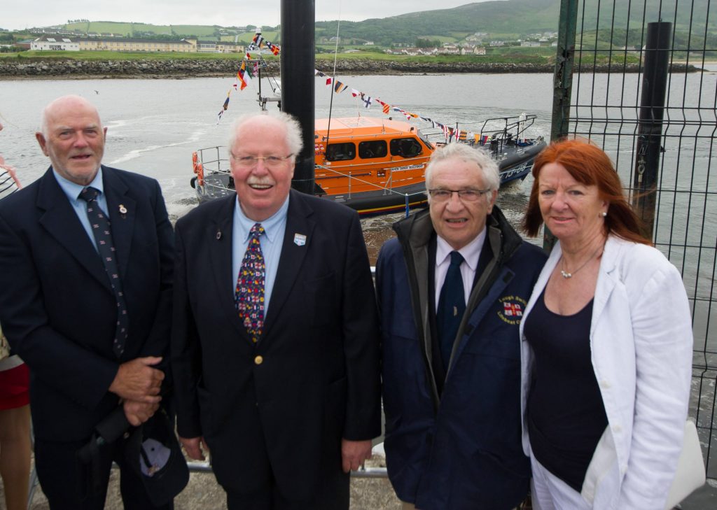 Liam McGee, John McCarter, Pat Heaney, and Kate Heaney at the naming ceremony and service of dedication of the Shannon Class lifeboat 13-08 Derek Bullivant at Lough Swilly Lifeboat Station on Saturday the 25th of June. Photo - Clive Wasson