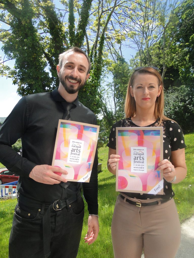 Tomas Bamford, Arts Coordinator with the Earagail Arts Festival pictured with Shiloh Gormley of the Station House Hotel.