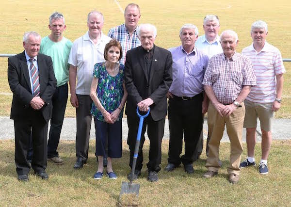 Fr. Michael Sweeney, assisted by Pauline Strain, turns the first sod to commemorate the start of the laying of a new playing surface at Donegal Junior League heqdquarters at Diamond Park, Ballyare. Included are Joe Duffy, Eunan Doherty, Dessie Kelly, William Coyle, John Joe Mc Cafferty, Terry Leyden, Colm Rodgers and Nigel Ferry. William Coyle of Pitch Dimensions will commence works on site tomorrow, Tuesday 7th June 2016. Pic.: Gary Foy, League PRO