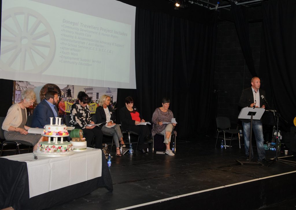 Anastasia Crickley, Padraig McLaughlin, Rose Ward, Katie Boyle, Chrissie McGinley Ronnie Fay and Hugh Friel at the Donegal Traveller Project 20th Anniversary event in the Regional Cultural Centre. Photo Clive Wasson