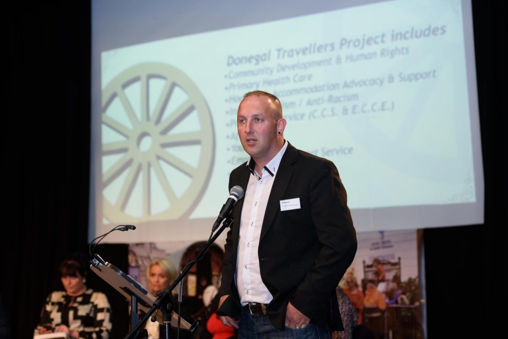 Hugh Friel speaking Donegal Traveller Project 20th Anniversary event in the Regional Cultural Centre. Photo Clive Wasson