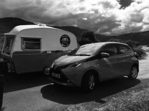 The Toyota Aygo pictured in Glenveagh beside the happy Camper as the driver enjoy the coffee. Photo Brian McDaid