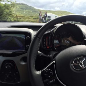 Attention to detail. the classy interior of the Toyota Aygo completer with its hand stitched leather steering wheel.