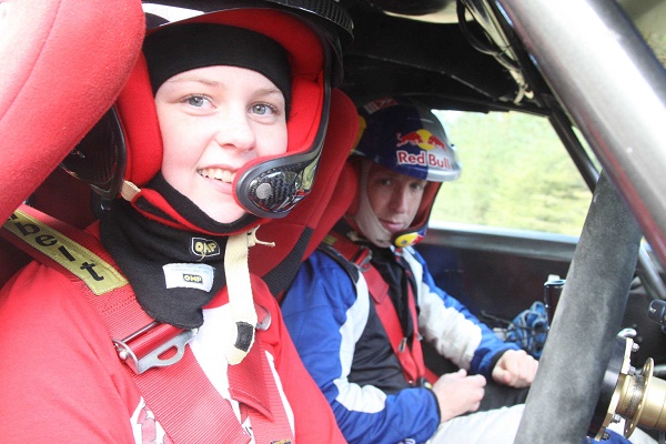 Toni Kelly with Kris Meeke on the notes as they set up Toni Honda Civic for the forthcoming Killarney Rally. Photo Brian McDaid