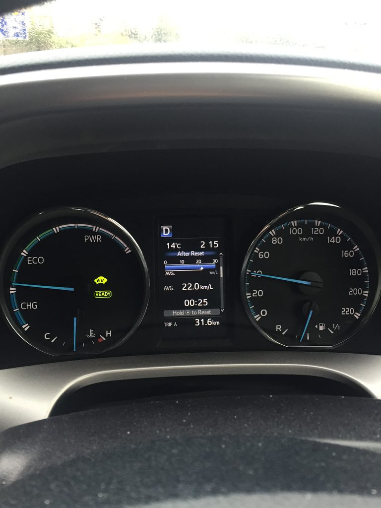 The Clock on the left lets you know what your driving is producing when you are on the road with the New Hybrid RAV4. Photo Brian McDaid