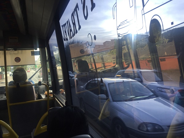 The Letterkenny Bus sitting nearly empty in the traffic  jam in Letterkeny this week. Photo Brian McDaid