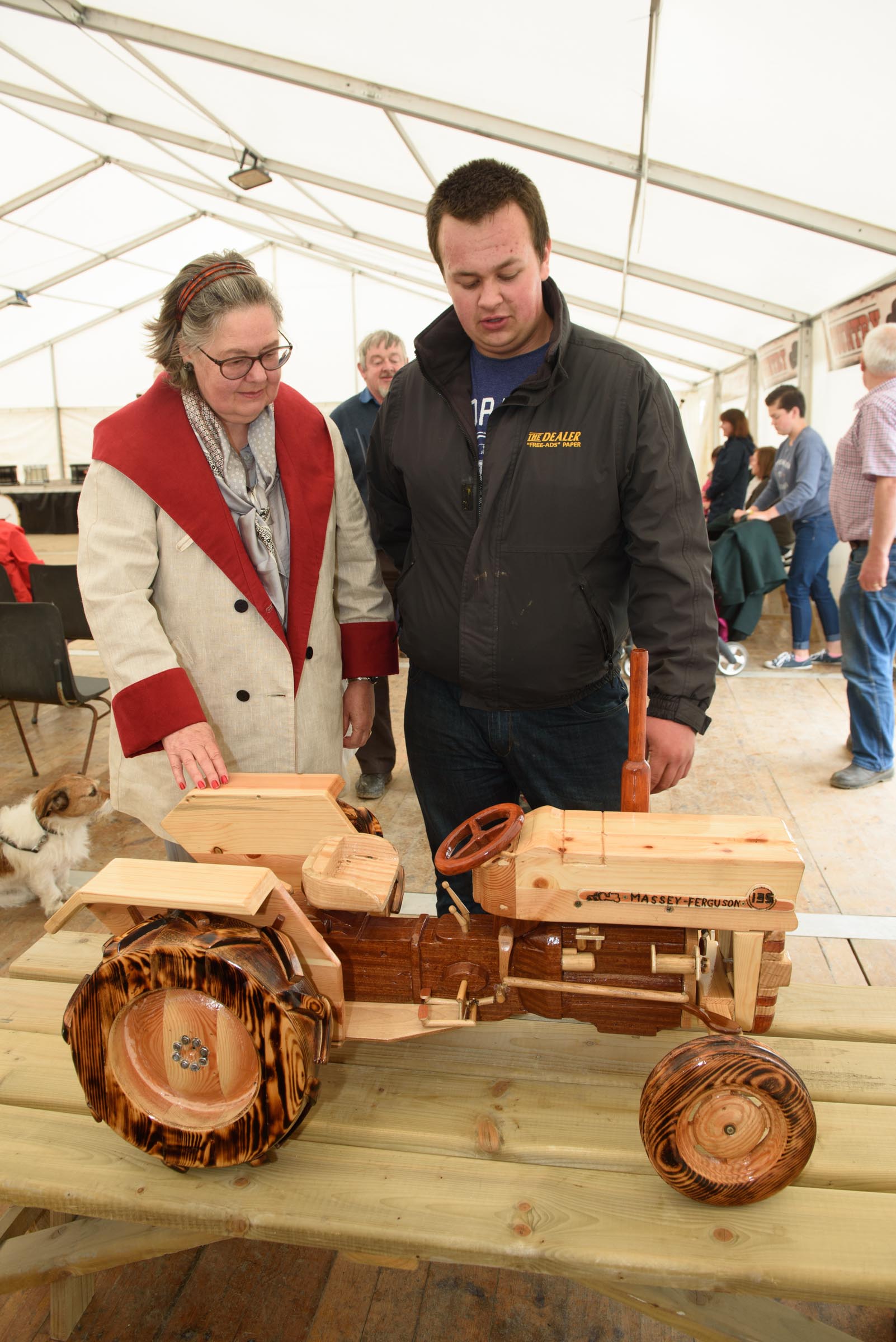 Sally Flemming, harry Ferguson's Grandaughter with Mark Wasson and his 135 Scale model made from wood at the Ferguson World Record Rematch 2016. Photo Clive Wasson