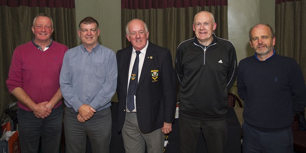 Pictured at the Arena 7 sponsored Open competition prizegiving at Letterkenny Golf Club are l-r; Henry Mc Cahey, Mark Doherty, Ivan Fuery [Captain], Stephen Walsh and Liam Wiseman