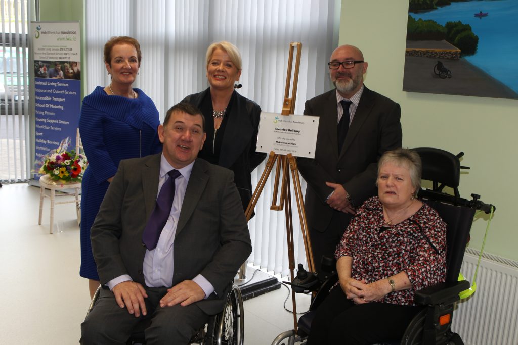 Bernie Curran , (Seated Right) Irish Wheel Chair Association Member who had the honour of unveiling the plaque at the opening of the Irish Wheelchair Association Resource and Outreach Centre in Letterkenny located in The Glenview Building, Upper Carnamugagh Road, Included at the unveiling were seated Michael Hickey, National Chairman IWA, back row from left Mary Mc Grenra Centre Manager, Rosemary Keogh CEO of the Irish Wheelchair Association and Chris Hoey Regional Director. Photo Brian McDaid