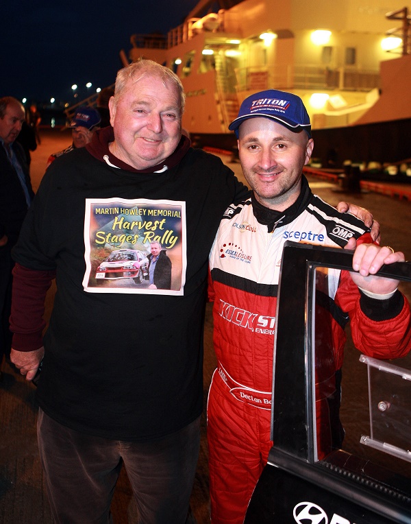 Mattie Smyth Local Photographer in Killybegs pictured with winner of the Harvest Stages Rally, Declan Boyle at the finial on Saturday evening on the Pier Photo Brian McDaid
