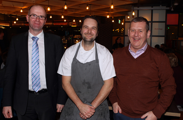 Michael Murray from Greg Foods and Liam Coyle for Trio Food pictured with Head Chef at Backstage Mark Greer at the opening night.