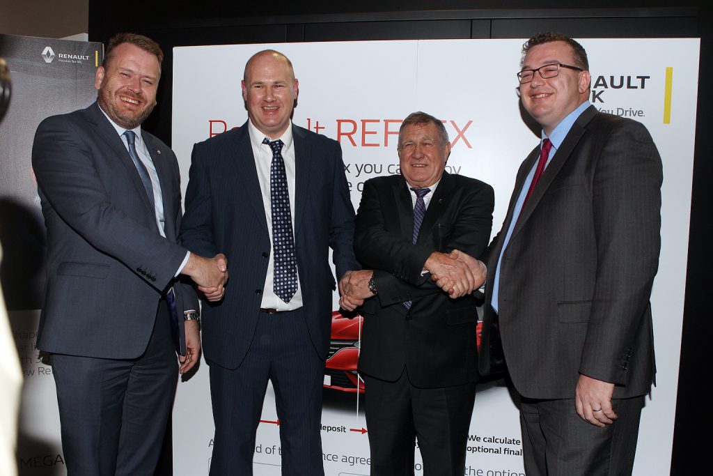 Patrick Magee and Kevin Troy from Renault Ireland pictured with the Laurence Harrigan Snr and Jnr at the opening of the New Showrooms at Highland Motors in Letterkenny . Photo Brian McDaid