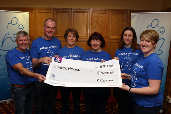 Proceeds from the coffee morning at the Quiet Moment for Û2,650 in aid of Pieta House. included from left are, David Leonard, Danny Devlin, Rose Crossan Anastasia Rouche, Paul Coyle and Donna Campbell. Photo Brian McDaid