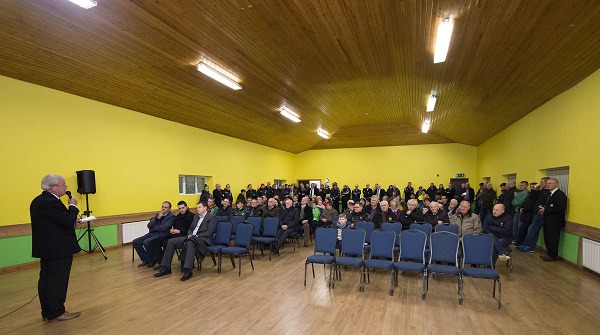 Bonagee United chairman Donal Coyle address the large crowd at the official turning of the new floodlights at Dry Arch Park on Friday evening. Photo Evan Logan