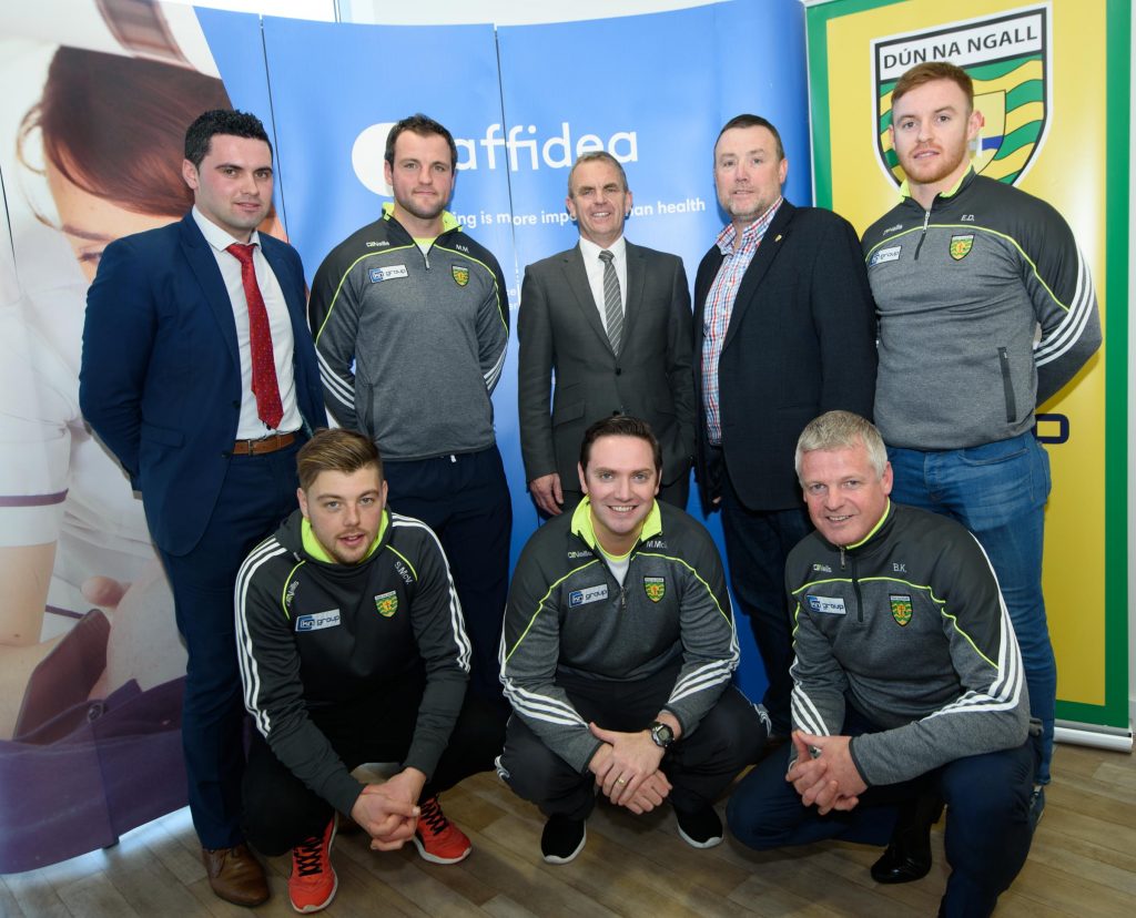 Doengal GAA represenatives at the official announcement of Affidea’s €9,000 3 year sponsorship deal with Donegal GAA which will will enable players quick access to all diagnostic services covering X Rays, MRI’s and Ultrasounds, so that any potential injury can be dealt with quickly and efficiently. Front from left are Sean McVeigh, Manus McGabhann and Brendan Kilcoyne. Back from left are Jaems Pat mcDaid, Affedia Relationship Manager, Michael Murphy, Tom Finn, Affedia CEO, Ciaran kelly, Donegal GAA and Eamon Doherty. Photo Clive Wasson