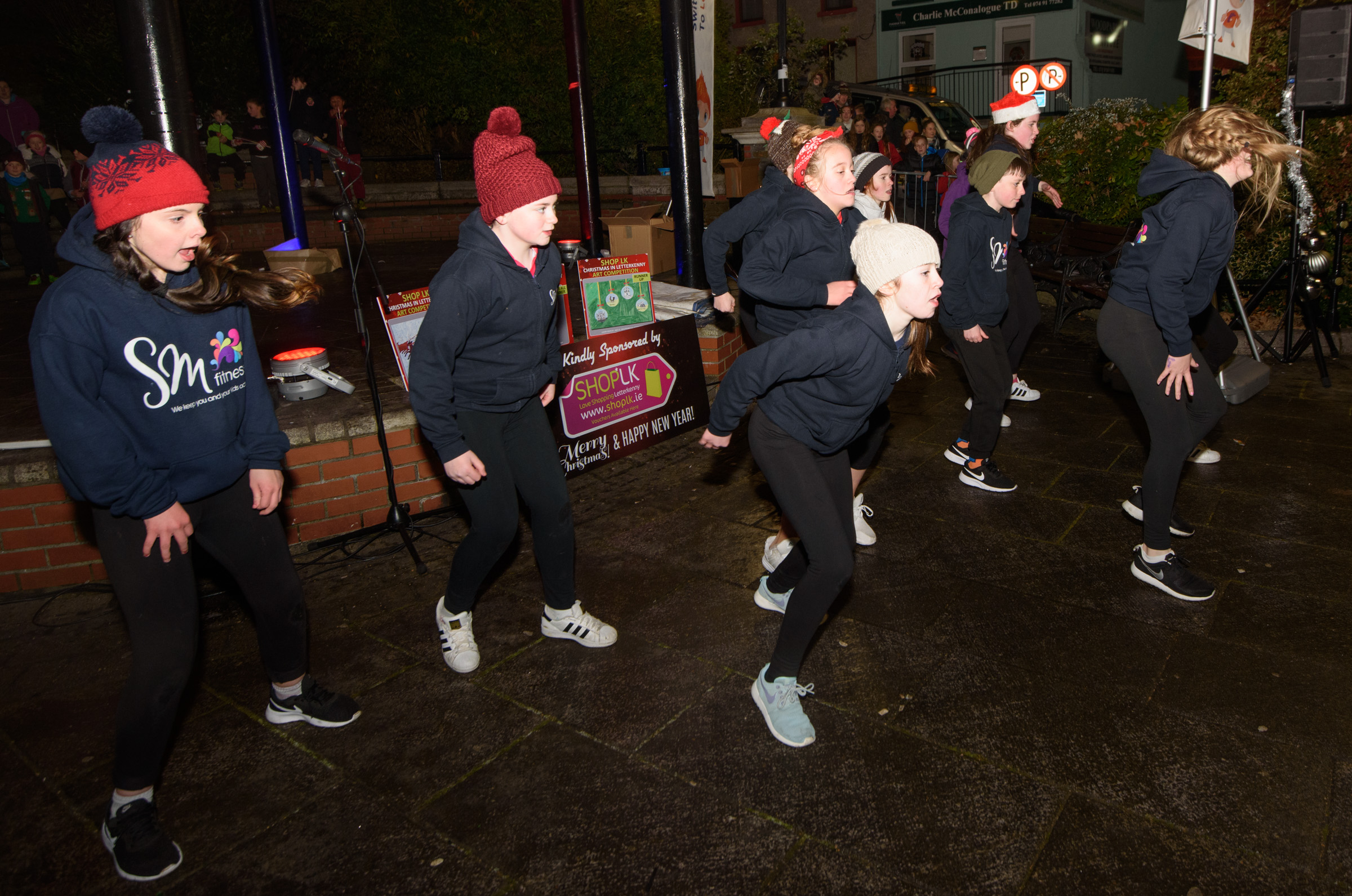 SM Fitness dancers preforming at the switching on of the Letterkenny Christmas lights on Friday last. Photo Clive Wasson