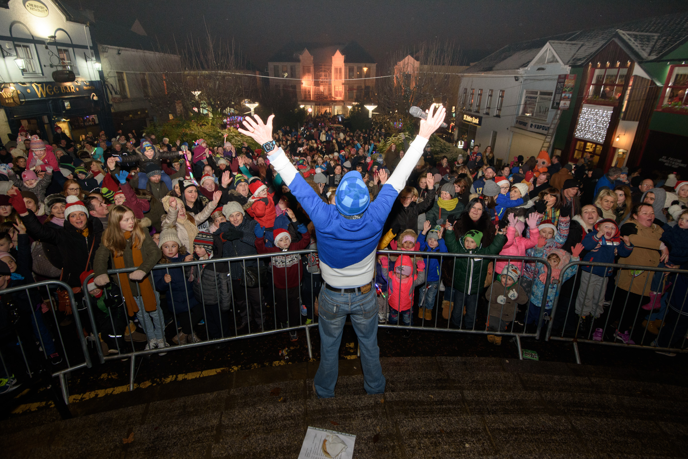Keith Fletcher entertains the crowd at the switching on of the Letterkenny Christmas lights on Friday last. Photo Clive Wasson