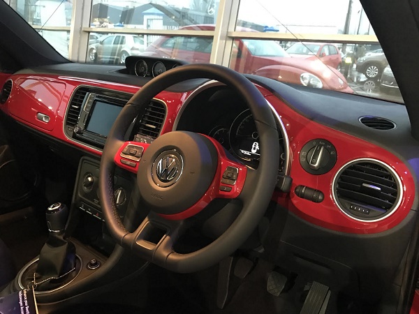 The retro interior of the New VW Beetle reminds of the original car it replaced. Photo Brian McDaid