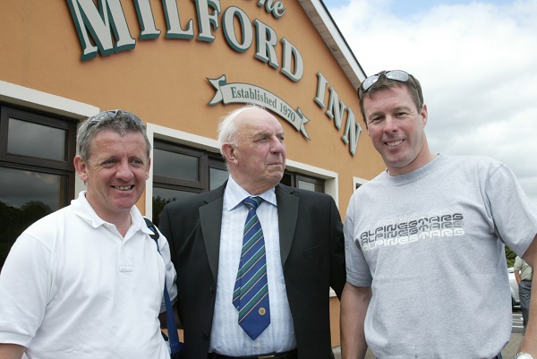 McRea and McAdoo's A relived Colin McRea pictured as he posses for a photo outside the Milford Inn many years ago when he competed in the Donegal Rally. His is pictured with his co-driver Nicky Grist who both through the person looking for to take their photo was the police. they were pictured with Dermott Hannigan from Letterkenny. Photo Brian McDaid