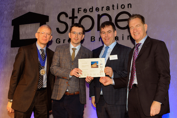 In the photo is Declan McCabe, McCabe Architects and Daniel McMonagle, McMonagle Stone being presented with the award from Tim Yates (left) President of Stone Federation Great Britan and the Right Honourable Michael Portillo (right).
