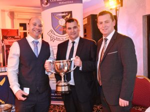 Milford Captain Paddy Peoples, Donegal Chairman Sean Dunnion and Milfords Senior Manager Danny O Donnell at the Annual Presentation night at the Mulroy Woods Hotel.