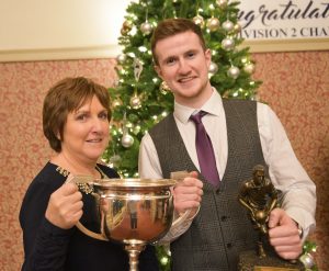 Milfords Senior Player of the Year Cathal Mc Getitigan who scored a total of 9 goals and 115 points with his mother Brid at the Annual Clubs Presentation Night at Mulroy woods Hotel.
