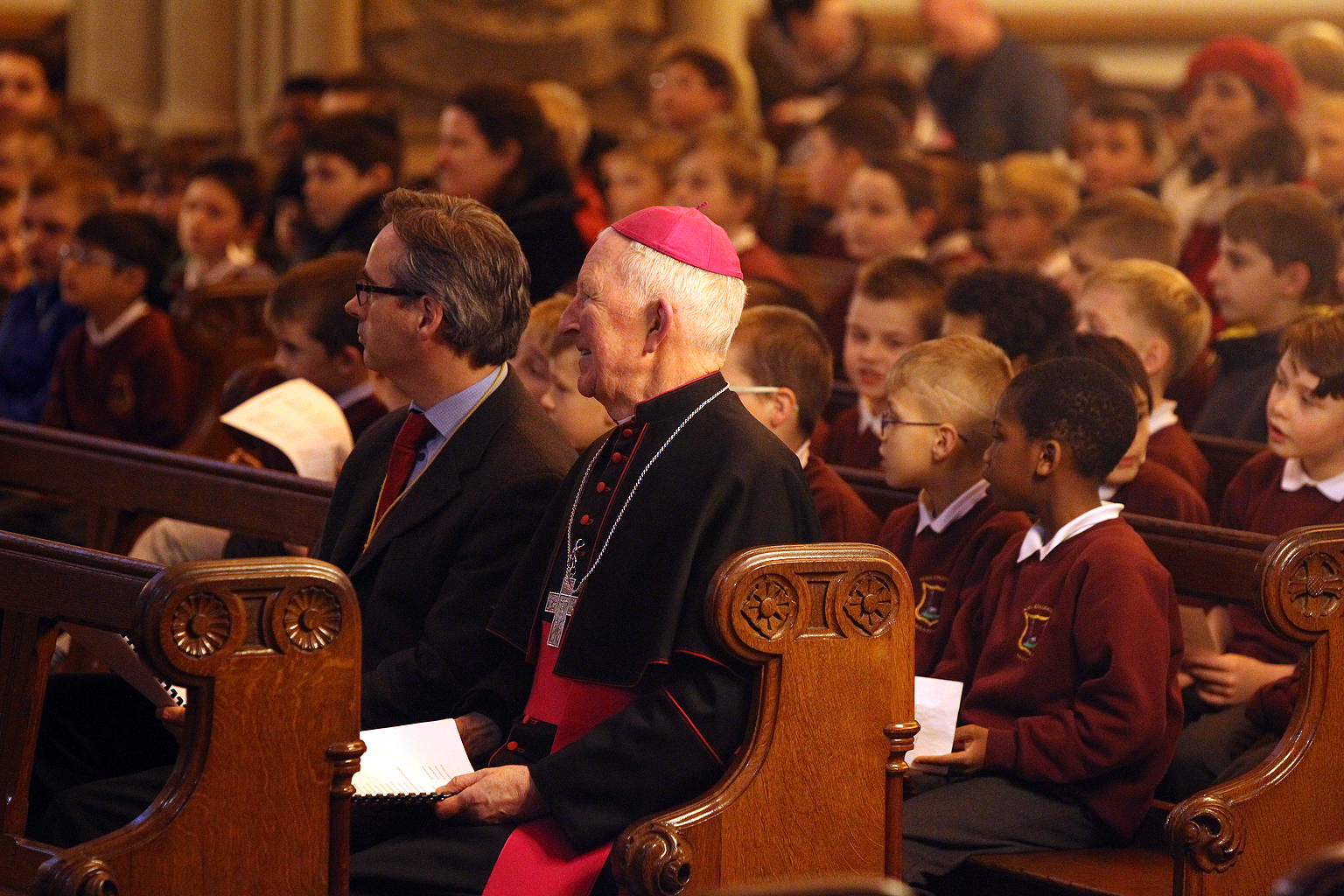 Bishop Philip Boyce pictured with principal of Scoil Cholmcille Pauric Cannon at the Carol Service and Play at St. Eunans Cathedral.