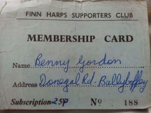 An early Finn Harps Supporters Club membership card, belonging to Benny Gordon
