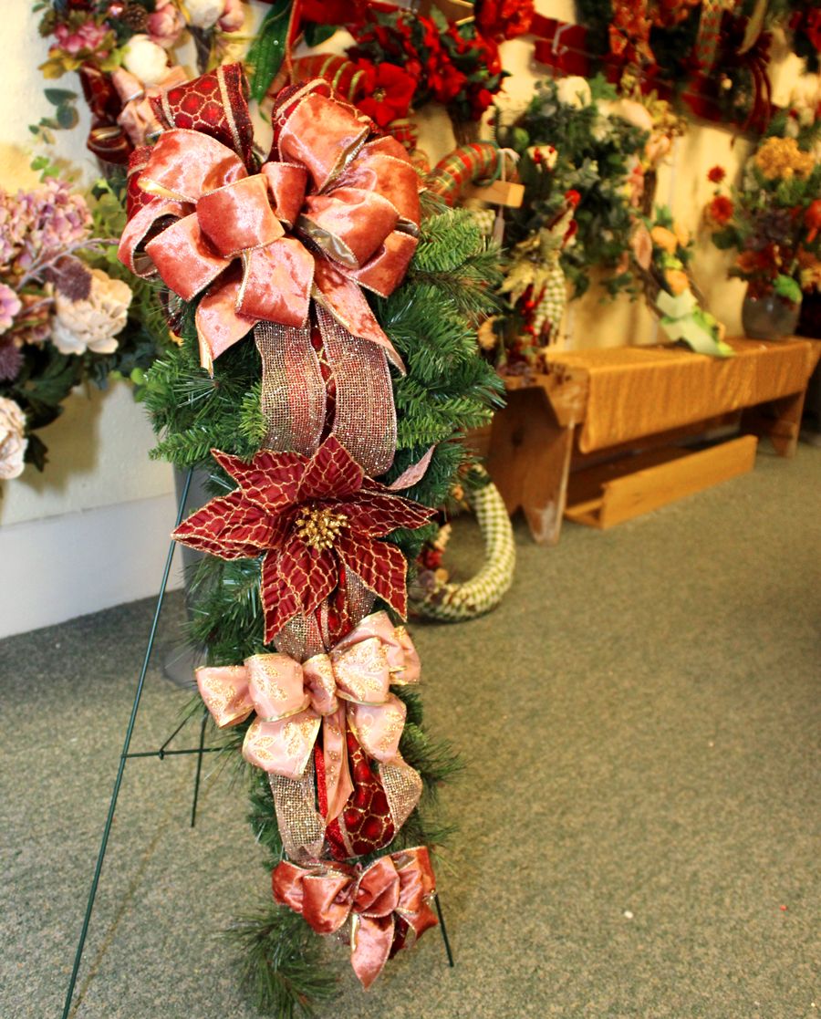 Floral Red with Green Floral Ribbon - Bows & Wreaths by Paula